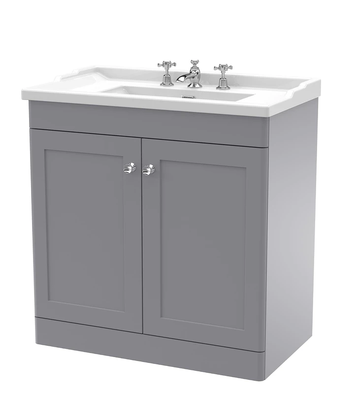 nuie CLC226G Classique Floor Standing 2 Door Vanity Unit & 3 Tap Hole Ceramic Basin, 800mm, Satin Grey