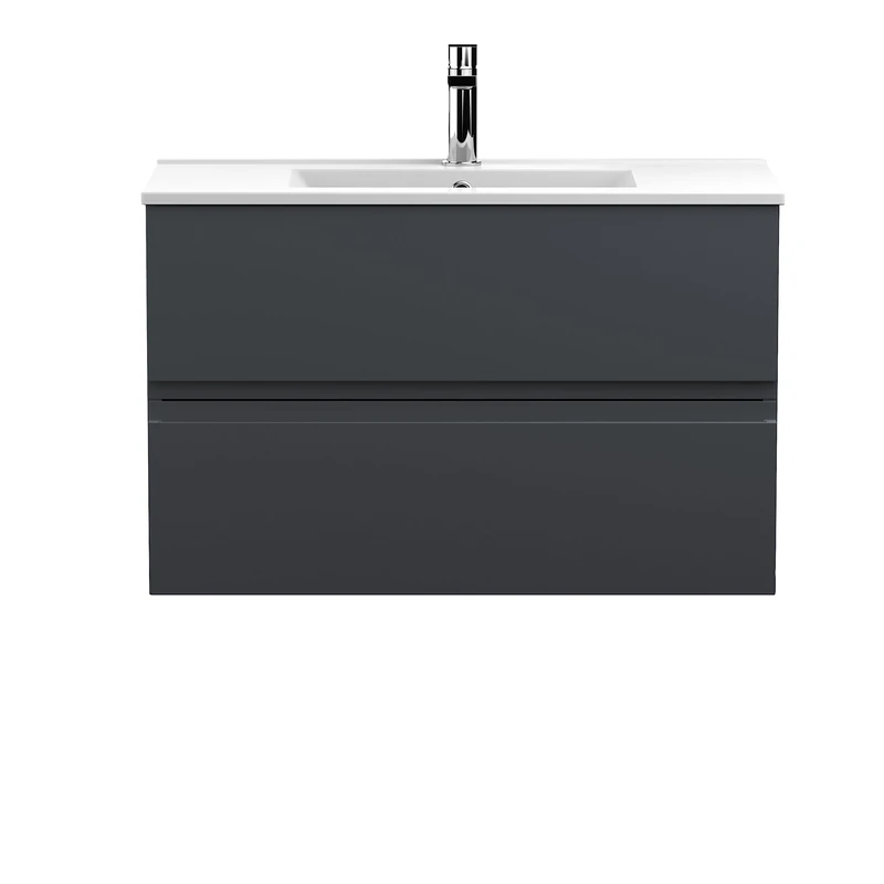 Hudson Reed URB1406B Urban Modern Bathroom Wall Hung 2 Drawer Bathroom Vanity Unit & Minimalist Ceramic Basin, 800mm, Soft Black