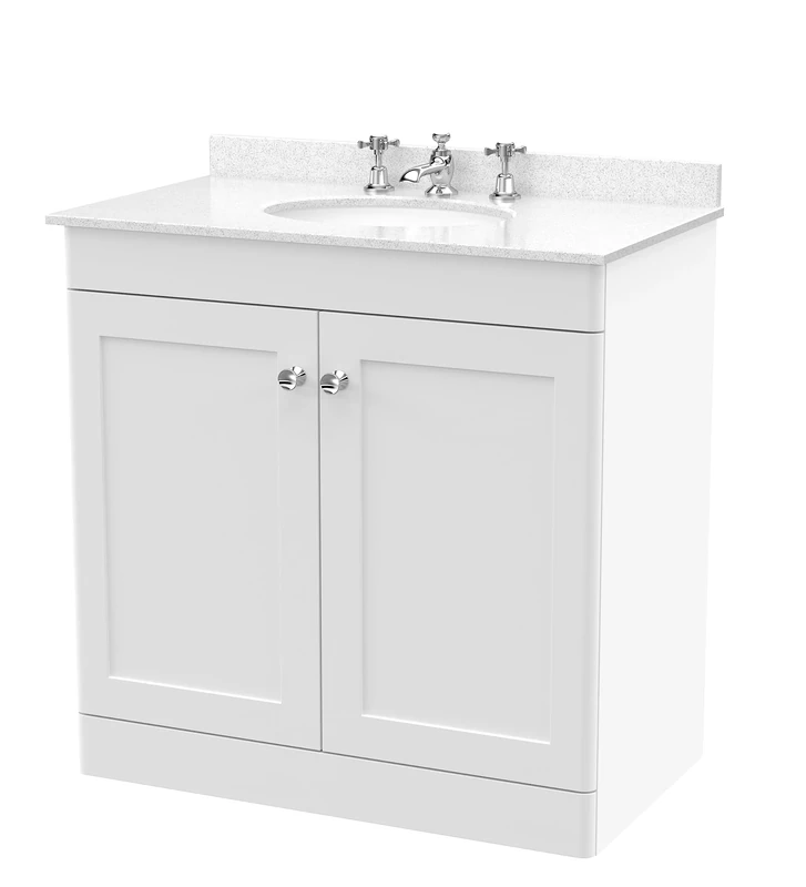 nuie Floor Standing 2 Door Unit & 3 Tap Hole Marble Worktop with Round Basin, 800mm, Satin White