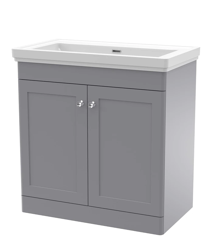 nuie Floor Standing 2 Door Vanity Unit & 0 Tap Hole Fireclay Basin, 800mm, Grey, Satin White