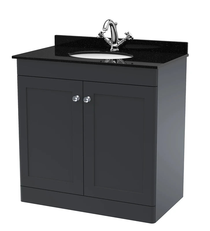 nuie CLC1426BR1 Classique Floor Standing 2 Door Unit & 1 Tap Hole Marble Worktop with Round Basin, 800mm, Satin Anthracite, Soft Black