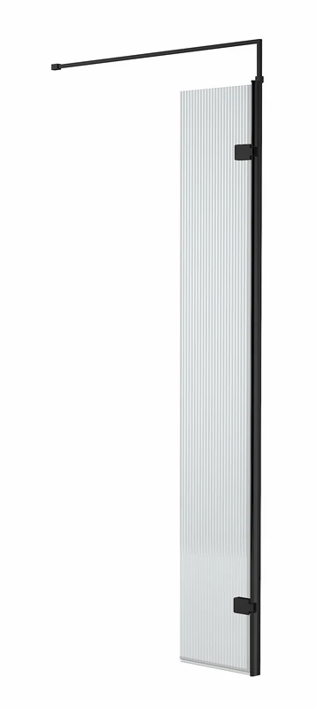 Hudson Reed WRFL19530BP Fluted Wetroom Screens 1950mm Fluted 8mm Toughened Safety Glass Hinged Screen with Support Bar, 300mm, Matt Black