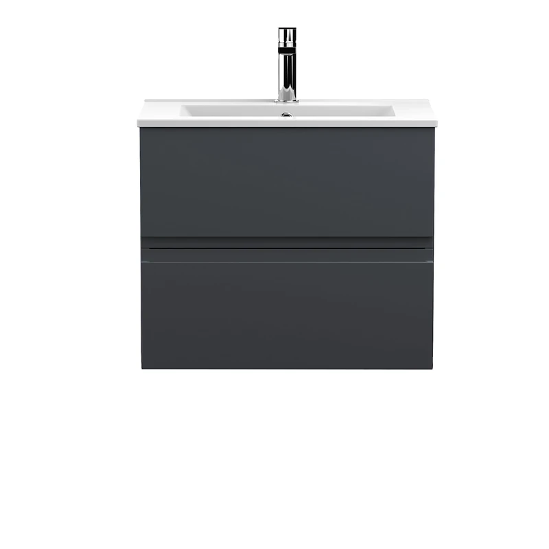 Hudson Reed URB1404B Urban Modern Bathroom Wall Hung 2 Drawer Bathroom Vanity Unit & Minimalist Ceramic Basin, 600mm, Soft Black