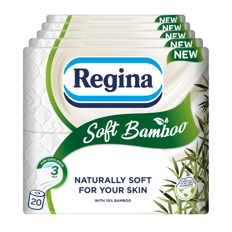 Regina Soft Bamboo - 20 Rolls of Toilet Tissue 3 Ply, 160 Sheets, Naturally Soft for Your Skin, Toilet Tissue Made with Bamboo Fibers, Paper Packaging, FSC Certificated