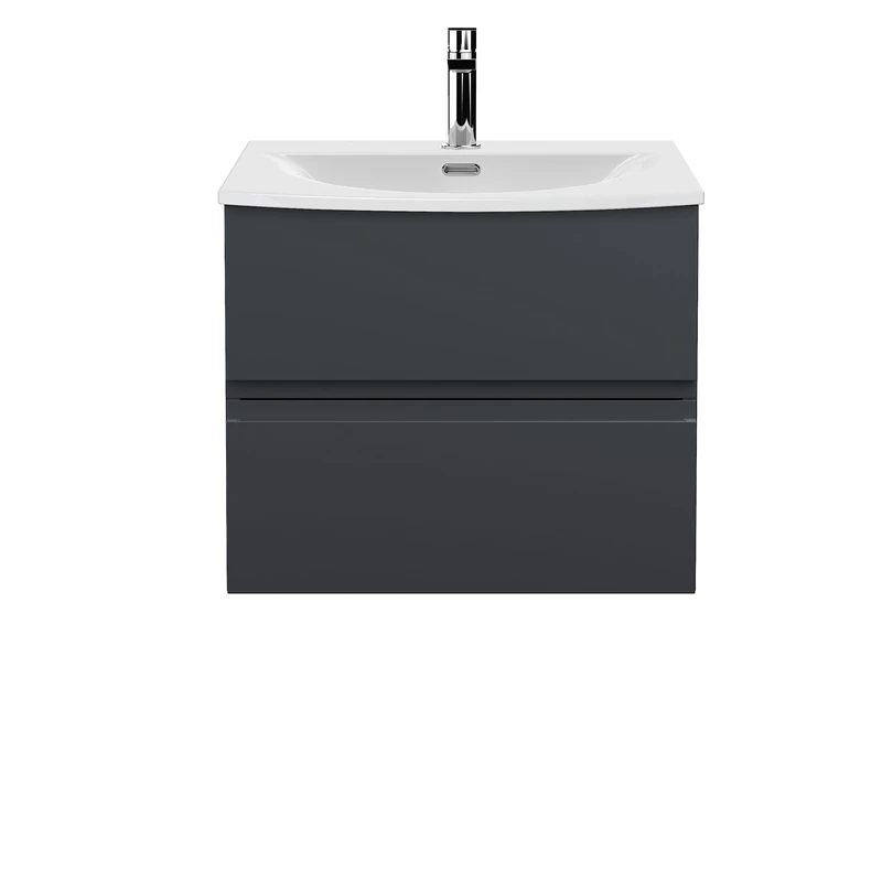 Hudson Reed URB1404G Urban Modern Bathroom Wall Hung 2 Drawer Bathroom Vanity Unit & Curved Ceramic Basin, 600mm, Soft Black