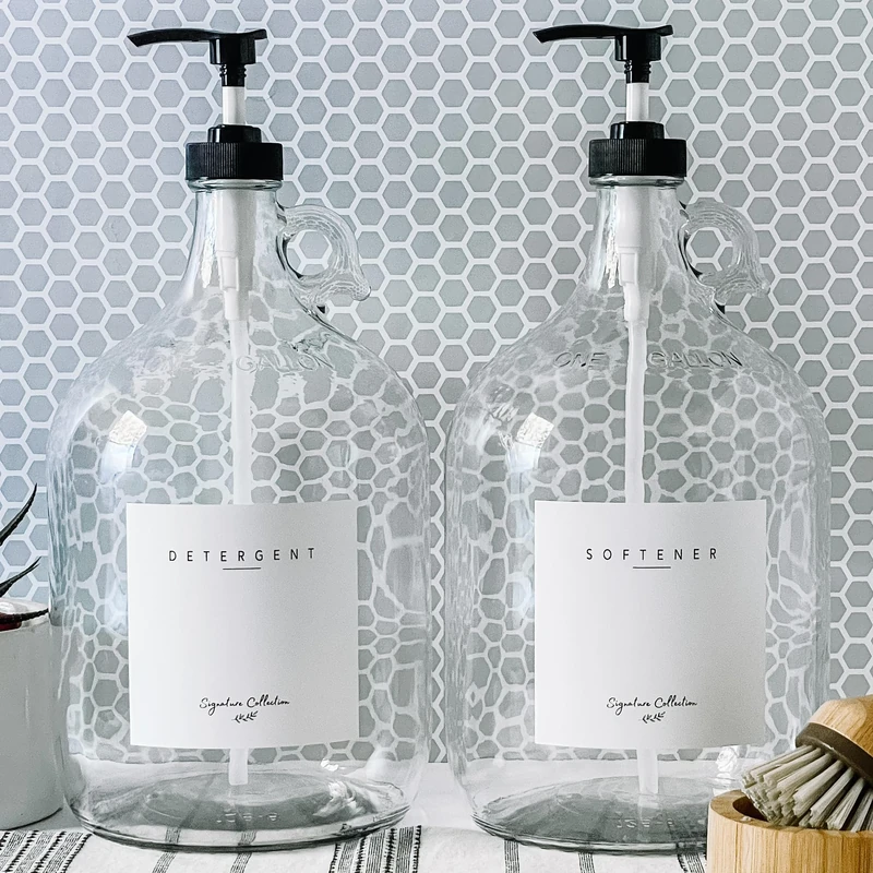 Laundry Jugs - Two 1 Gallon Glass Jugs, Liquid Laundry Soap or Bleach Dispenser, 128 oz - Black Liquid Pump, Includes 4 Labels