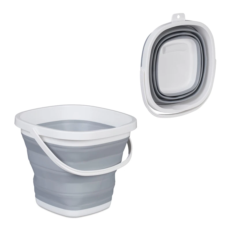 Relaxdays Foldable Bucket, 10 Litres, Spout, Hanging Eyelet, Carry Handle, Folding Bucket for Home & Camping, Cleaning Bucket, Grey/White