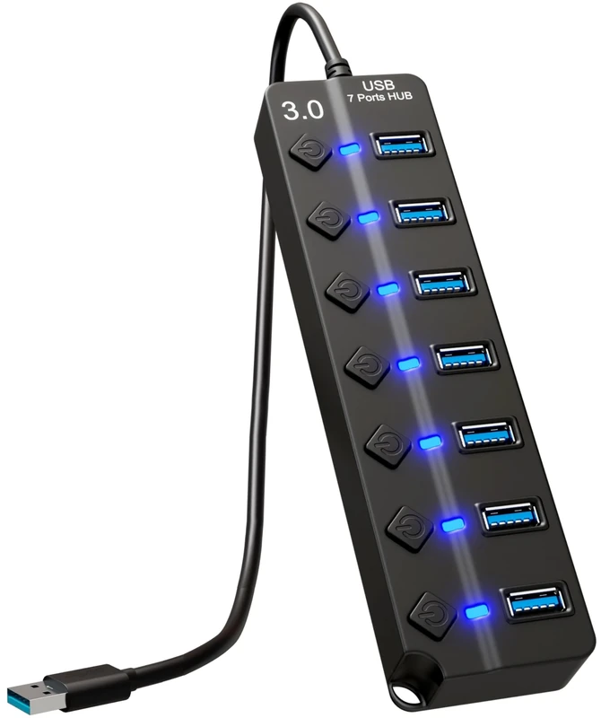 GLOBAL TECH 7-Port USB Hub 3.0 – Multi USB Port Hub with Individual Switches and Lights – USB Multiport Adapter Splitter – High-Speed USB Hub Extender for PC, Laptop, Macbook, Flash Drives, Mobile HDD