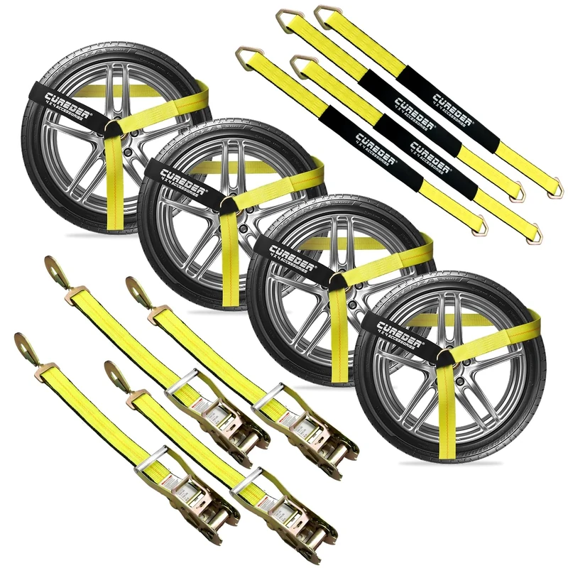 Cureder Adjustable Vehicle Tire Tie Down Straps Kit– 4pk Heavy Duty Tire Straps with Snap Hooks 9900 lbs. Working Load 3300 lbs. Lasso 4 x Axle Strap Kit for Moving Cargo, Car, Truck Accessories