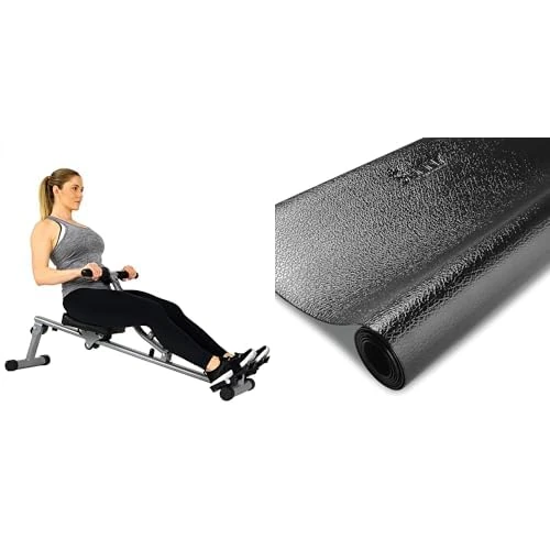Sunny Health & Fitness SF-RW1205 12 Adjustable Resistance Rowing Machine Rower w/Digital Monitor, Silver & Treadmill Mat -Medium - NO. 074-M, Black