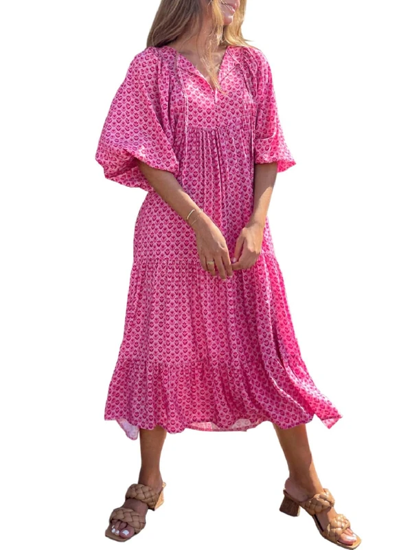 MIDUO Womens Loose Fit Casual Summer V Neck Half Sleeve Bohemian Geometric Pattern Maxi Long Dresses, A Hot Pink 15, L