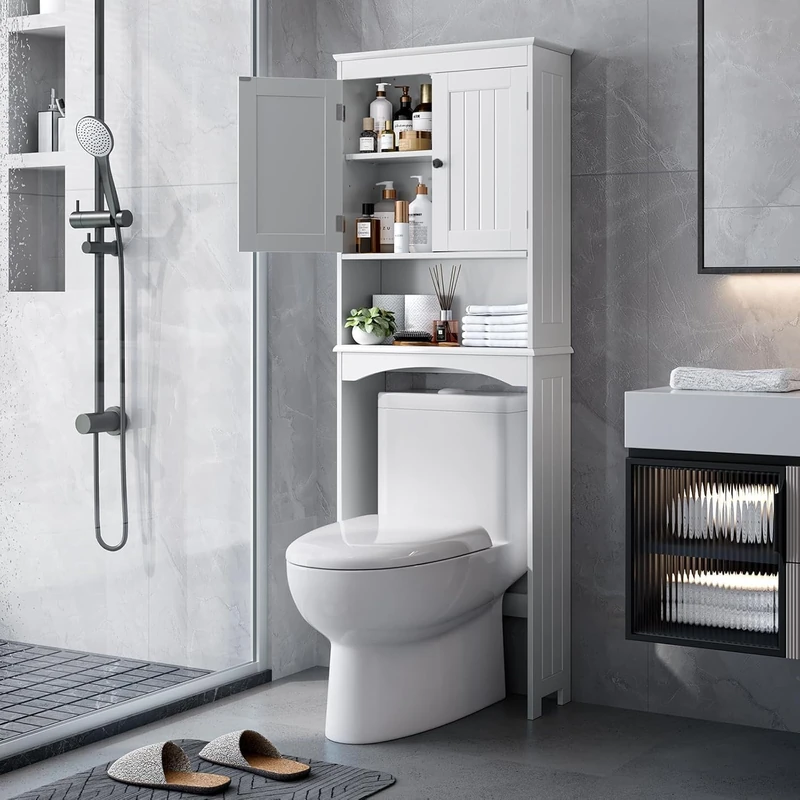 Bealife Cabinet on Toilet Wardrobe, High Furniture for Washing Machine, High Storage Shelves Bathroom Cabinet with 2 Doors and Open Shelves, 168 x 60 x 24 cm - Image 1