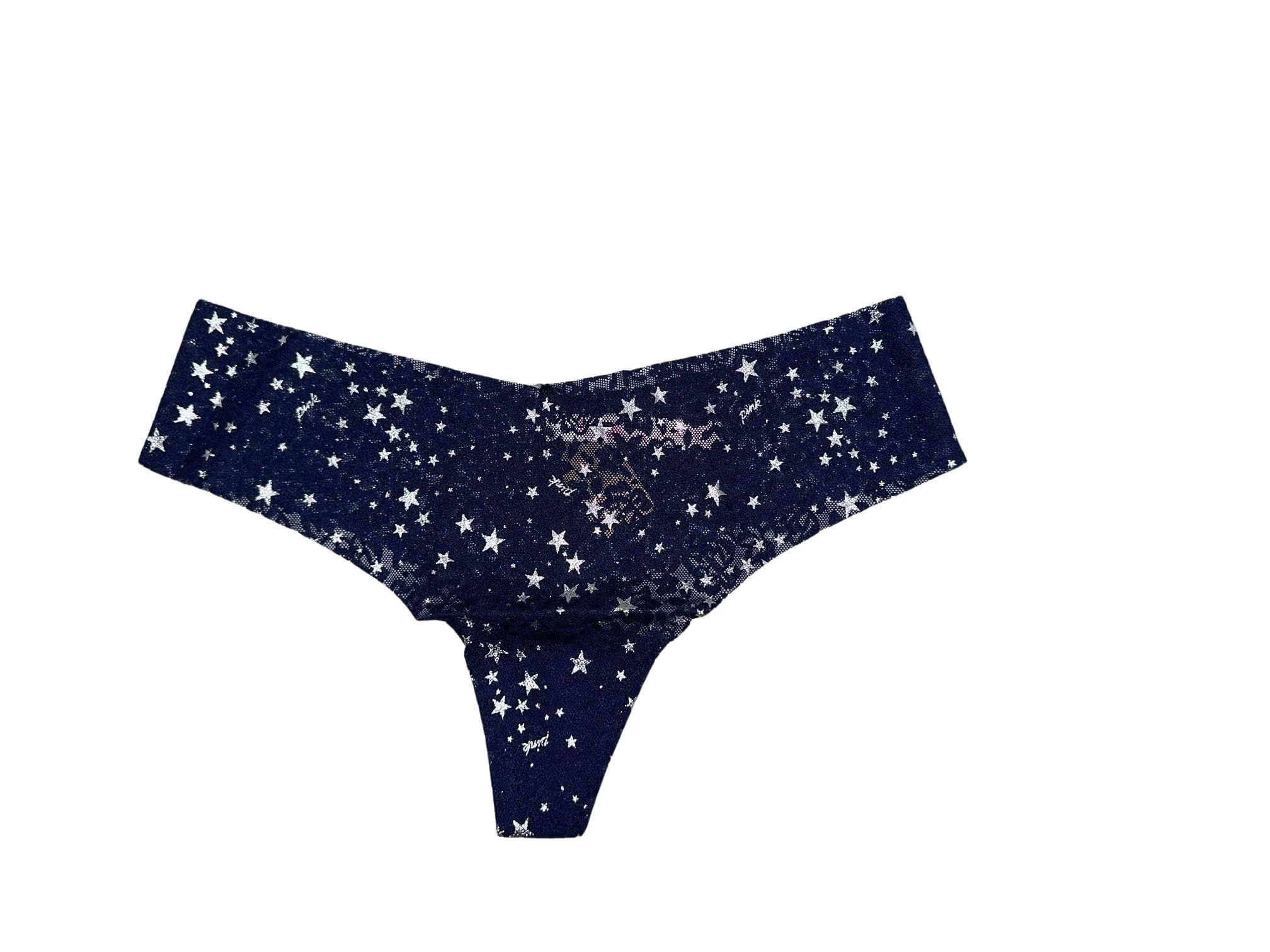 Victoria's Secret Pink No Show Soft Lace Thong Panty/Underwear Color Blue New, Blue Stars, L