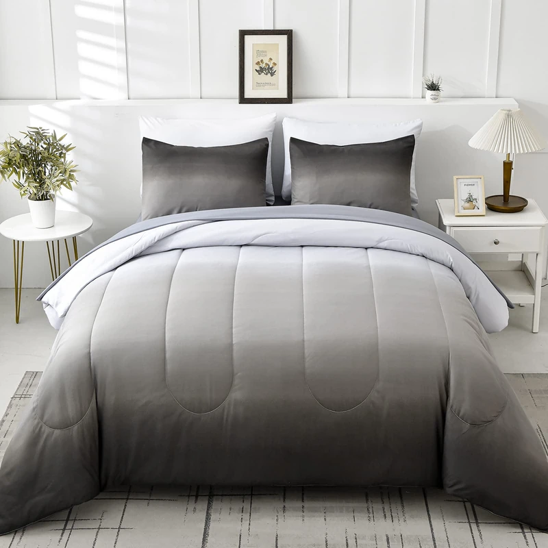 Anibedding 7 Pieces Grey Comforter Set King Size Gradient Black Gray White Bed in a Bag for King Bed - All Season Lightweight Microfiber Bedding Sets with Comforter for Women Men Teens (103" x90")