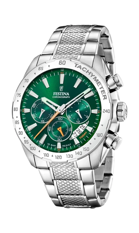 Festina Mens Chronograph (44.5mm) Green Dial/Stainless Steel Strap F20668/3
