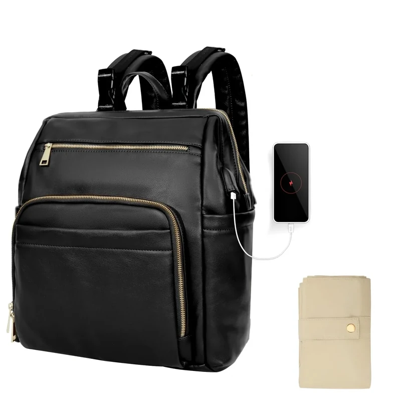 MISS FONG Changing Bag Backpack, Nappy Baby Changing Bags Waterproof Large Capacity Baby Travel for Mom & Dad with 6 Insulated Pockets,USB Port, Pram Clips and Changing Mat- Black