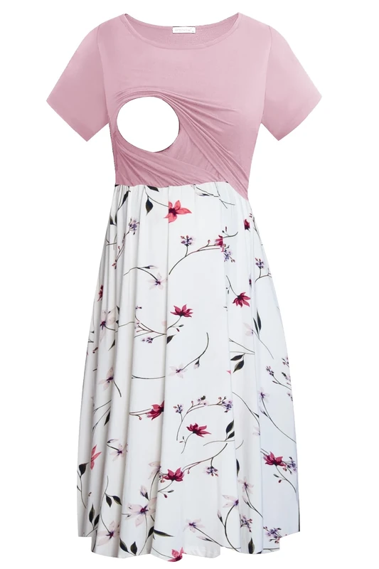Smallshow Women's Short Sleeve Casual Maternity Nursing Dress for Breastfeeding Pink-SVP033 S