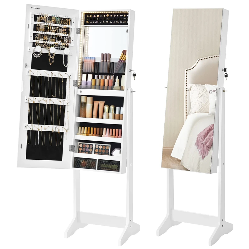 SONGMICS Standing Armoire Organiser, Jewellery Storage with Frameless Mirror, LED Lights, Built-in Makeup Mirror, 2 Lockable Drawers, Cloud White JJC023W01