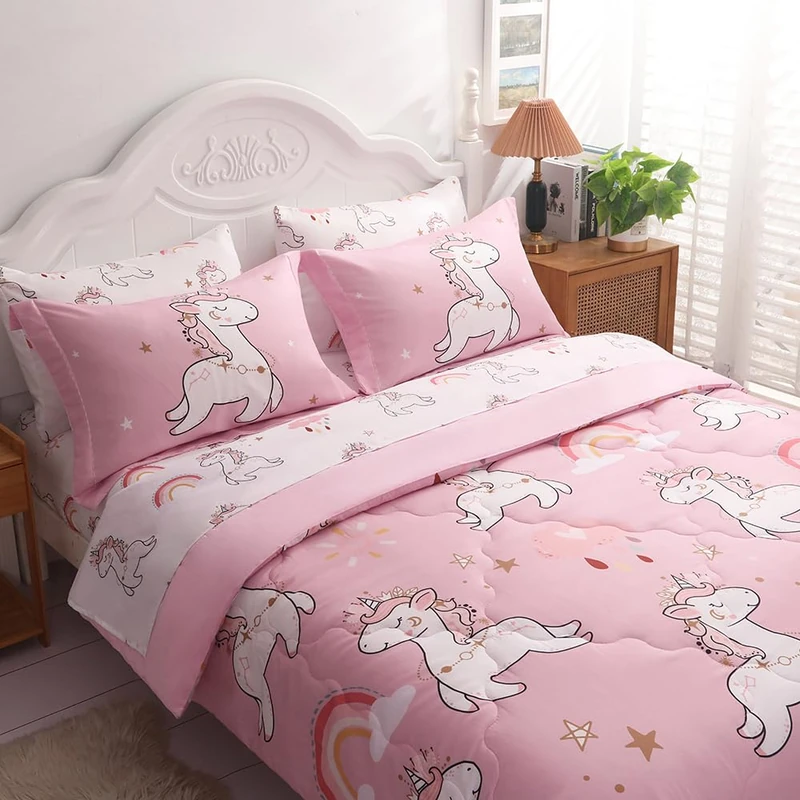 Wajade Kids Pink Unicorn Comforter Set Bed in A Bag Full Size 7 Piece Cute Unicorn Rainbow Clouds Bedding Set for Girls (1 Comforter, 1 Flat Sheet, 1 Fitted Sheet, 2 Pillowcase and 2 Pillow Sham)