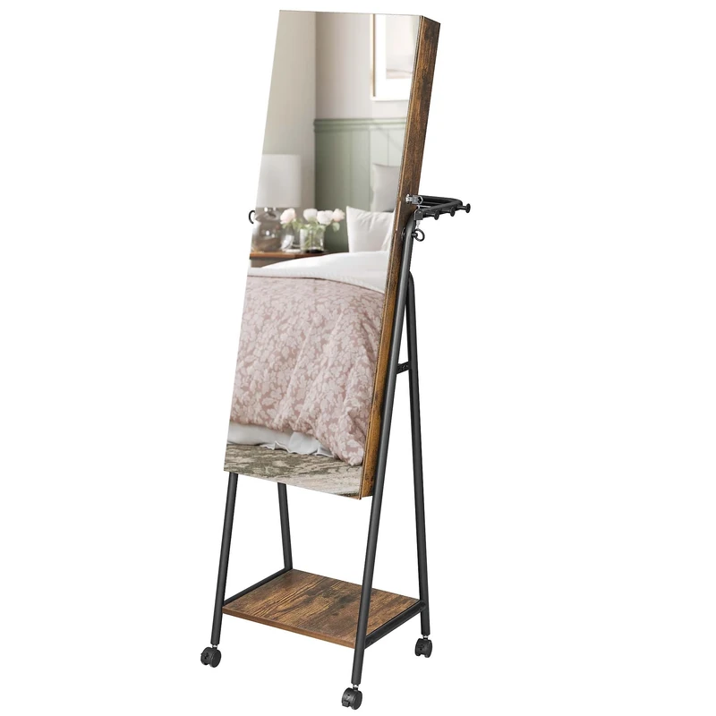 SONGMICS 6 LEDs Lockable Mirror Jewellery Cabinet Armoire, Standing Jewellery Organiser with 4 Wheels, Mirror with Jewellery Storage, Coat Rack, Storage Shelf, Rustic Brown and Ink Black JJC005X01