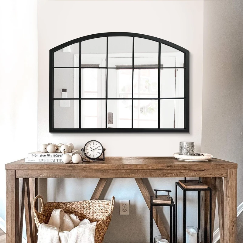 WAMIRRO Wide Window Pane Black Mirror,Farmhouse Arched Wall Mirror,Mantel Mirror for Fireplace/Entryway/Hallway/Living Room,33“X24”