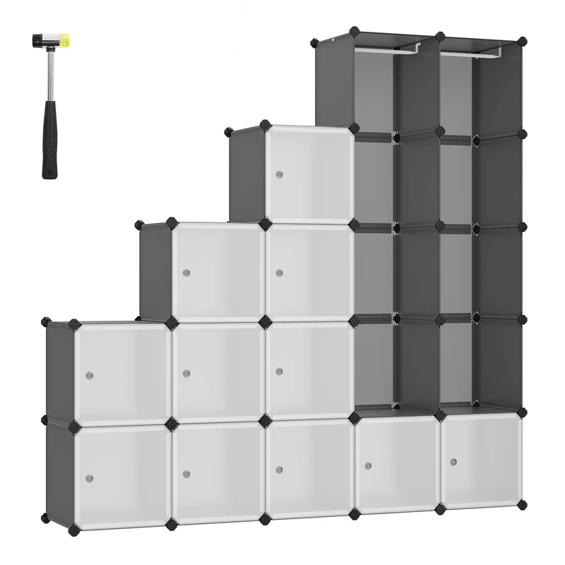 SONGMICS Cube Storage Organiser, Large Plastic Portable Closet Wardrobe, Interlocking Storage Unit, with Doors and Hanging Rails, 35 x 35 x 35 cm Cubes, for Bedroom, Grey LPC301G01