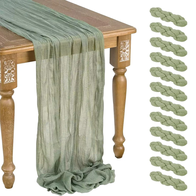 12 Pcs Sage Green Cheesecloth Table Runner 13ft Boho Gauze Cheesecloth Table Runner 160 inch Long for Christmas Wedding Bridal Baby Shower Birthday Table Decorations