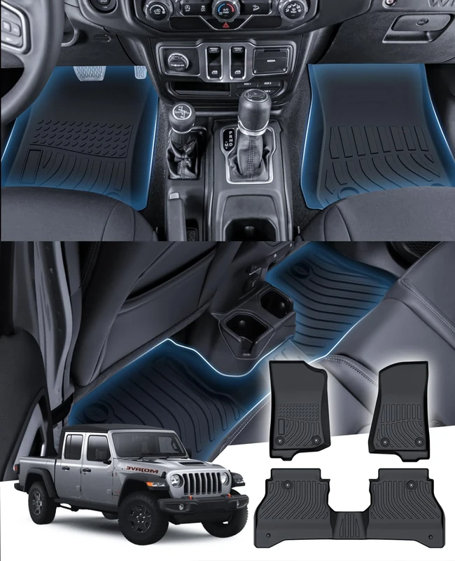 Sunsdrew Floor Mats for Jeep Gladiator 2020-2023,All Weather Protection Floor Liner,3PCS 1st&2nd Row Full Set Liners TPE Car Mats for Jeep Gladiator JT Accessories Black-Waterproof/Odorless/Anti-Slip