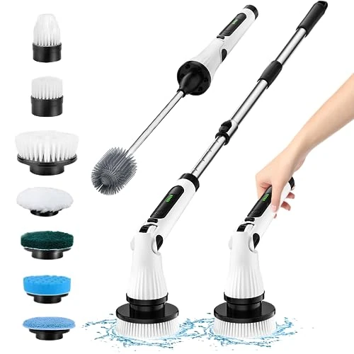 Electric Spin Scrubber, Leebein Cordless Cleaning Brush with 8 Replaceable Brush Heads,Adjustable & Detachable Handle for Bathroom Kitchen Car