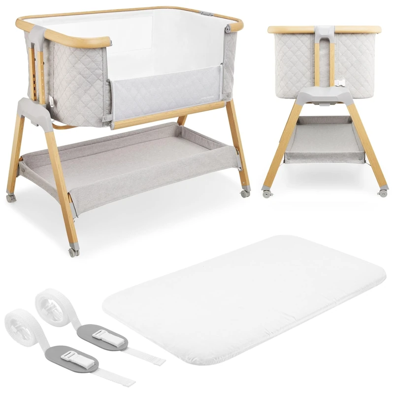 Next to me Crib 3 in 1 - Bedside Cots for Babies - Baby Bassinet with 4 Transport Wheels - Baby Cot with Mattress Included - 7 Height Levels - Wheels & Removable Side Panel - Suitable up to 9kg
