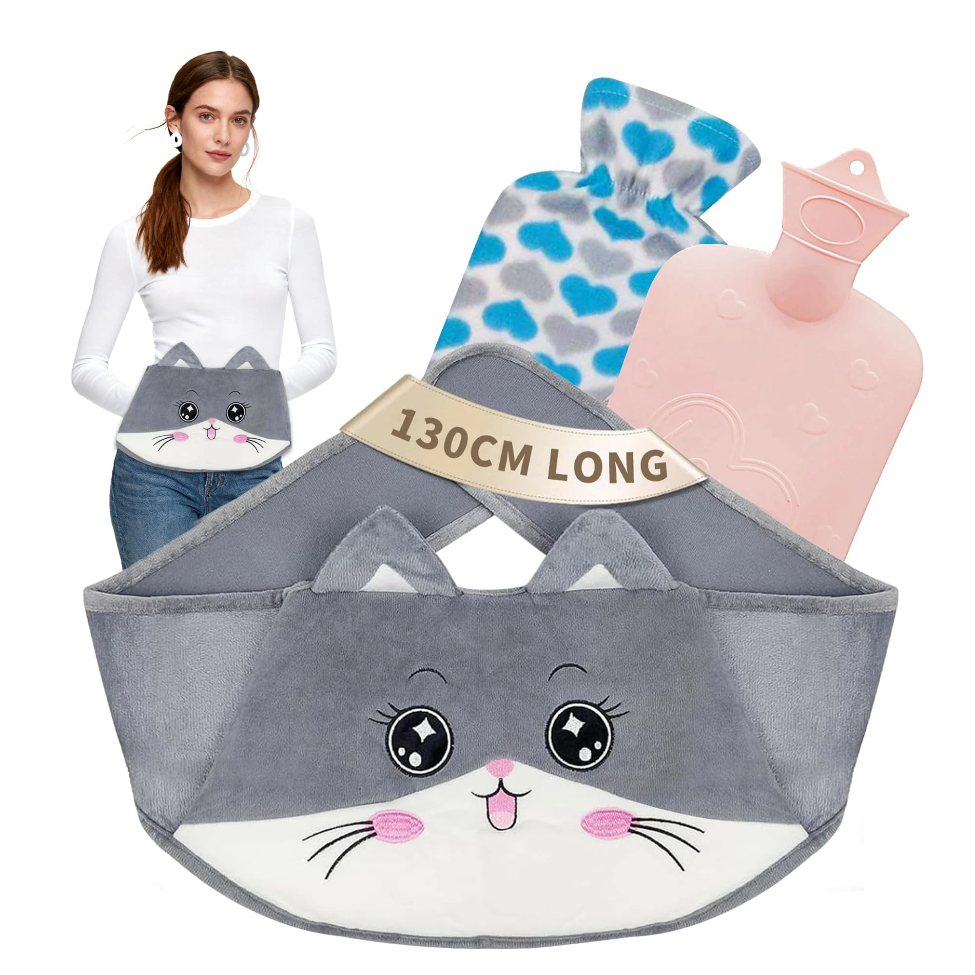 Dibikou Hot Water Bottle Belt, 1L wrap Around Wearable 3 in 1 Hot Water Bottle with 130 cm Extra Long Soft Waist Cover, PVC Hot Water Bag Pouch for Neck, Shoulder, Back, Legs Warm and Period Relief