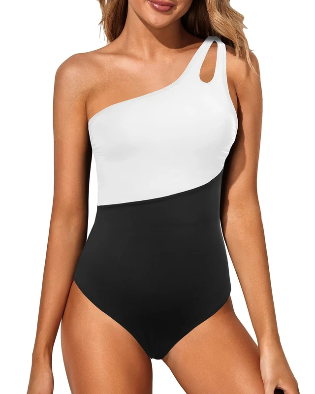 Holipick One Shoulder One Piece Swimsuit for Women Tummy Control Bathing Suits Modest Full Coverage Keyhole Swimwear, Black and White, Medium