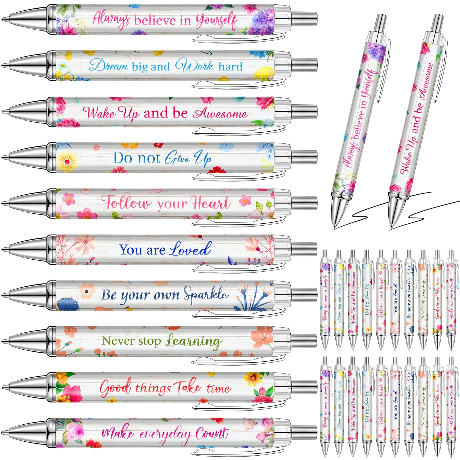 Yeaqee 50 Pcs Inspirational Ballpoint Pen Quotes Pen Gifts Inspirational Pens Retractable Motivational Pens Office Black Ink Encouraging Stylus Pen for Graduation Coworker, 5.5 Inch (Floral Style)