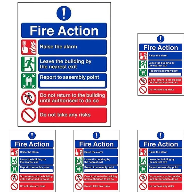 VSafety General Fire Action 5 Message Risks Sign - Portrait - 150mm x 200mm - 2mm Rigid Plastic (Pack of 5)