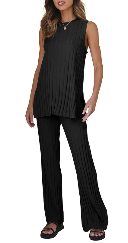 Tankaneo Two Pieces Outfits Sleeveless Top Knit Sets Trendy Lounge Long Pajamas Set, Black, S