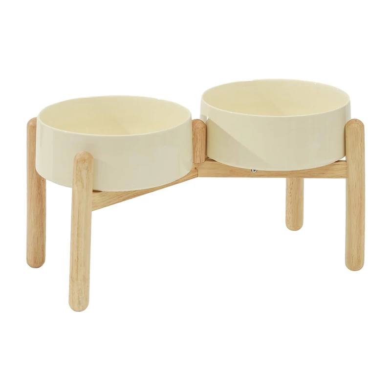 Havniva Ceramic Raised Dog Bowl with Stand for Large Breed Dog Dish Pet Food and Water Bowl (Double Bowl with Stand - Beige, 21cm)