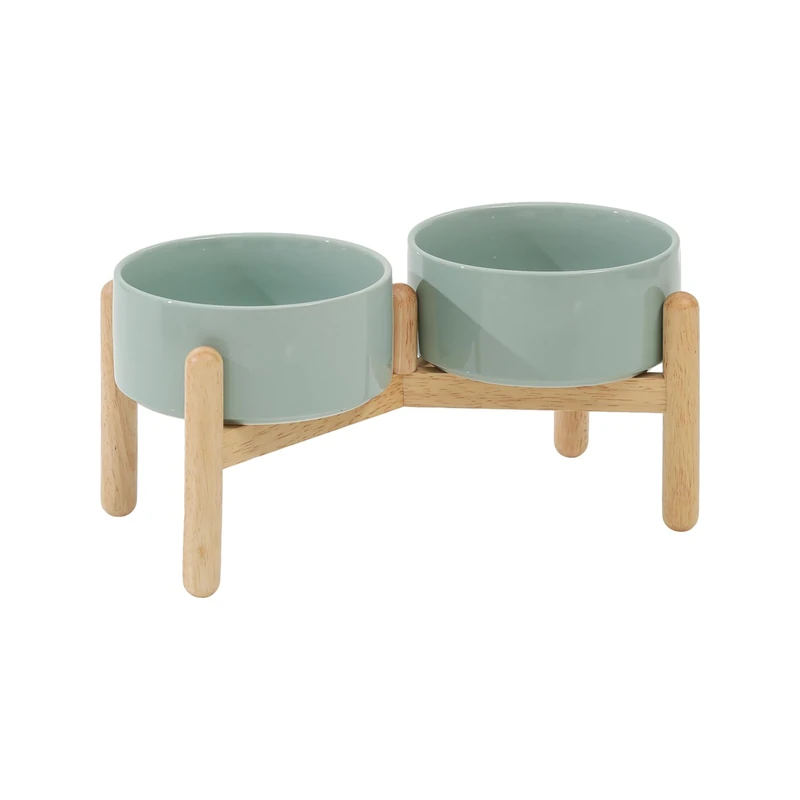 Havniva Ceramic 6.1inch Raised Dog Bowl with Stand for Small and Medium Breed Dog Dish Pet Food and Water Bowl (Double Bowl with Stand - Light Green, 28oz)