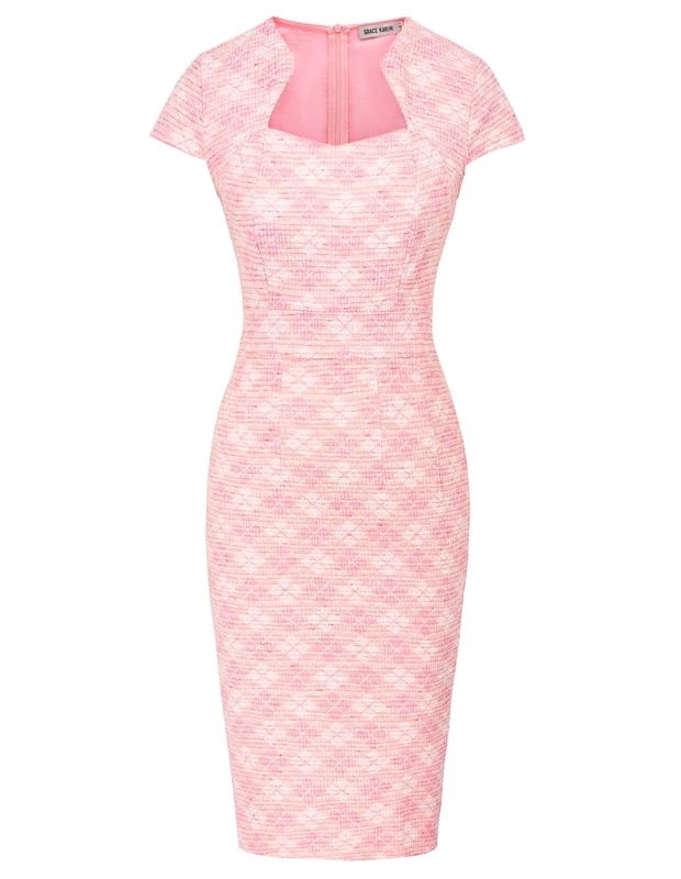GRACE KARIN Women's Cap Sleeve Vintage Bobble Dress Pencil & Peplum, Light Pink (Checked), S