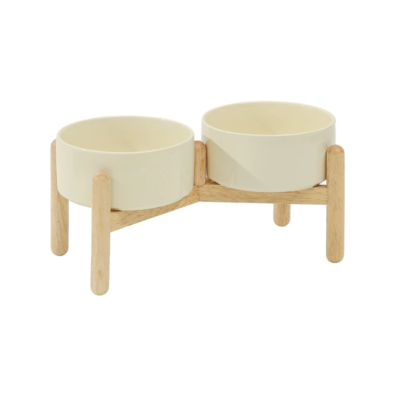 Havniva Ceramic 6.1inch Raised Dog Bowl with Stand for Small and Medium Breed Dog Dish Pet Food and Water Bowl (Double Bowl with Stand - Beige, 28oz)