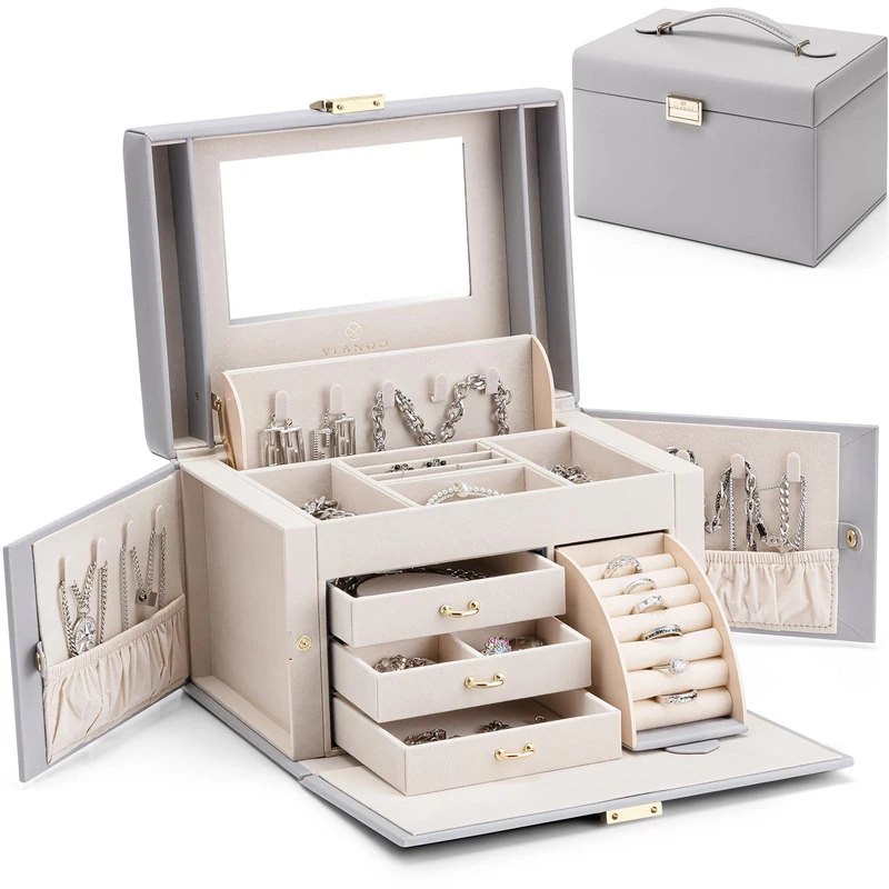 Vlando Jewelry Box Organizer for Girls Women, Large Baroque Jewelry Holder Organizer with Mirror, 3 Drawers for Bracelets, Earrings, Rings, Necklaces, Mothers Day Gifts for Loved One, Grey