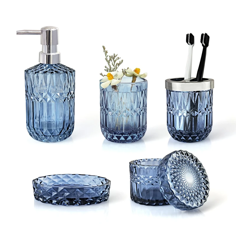 LaMarriti 5-Piece Blue Glass Bathroom Accessory Set - Lotion Dispenser, Soap Dish, Tumbler, Cotton Swab Jars, Toothbrush Holder - Modern Bathroom Decor and Gift Set