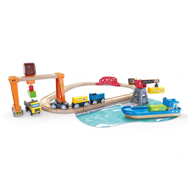 Hape Lift & Load Harbor Set | Toy Train and Boat Set with Cranes, for Children Ages 3Y+ - Image 1