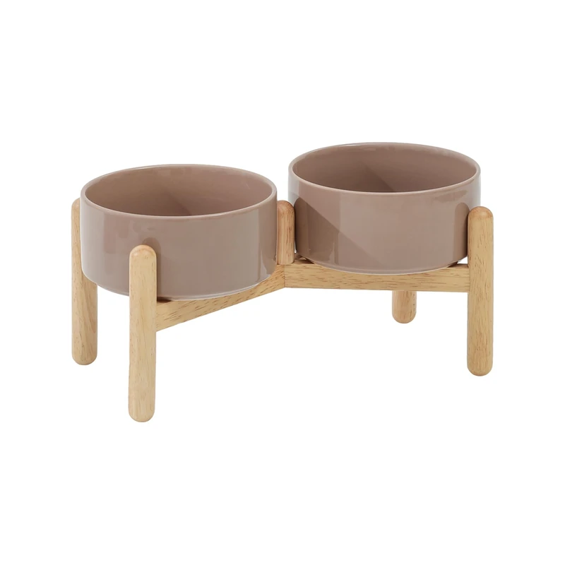 Havniva Ceramic 6.1inch Raised Dog Bowl with Stand for Small and Medium Breed Dog Dish Pet Food and Water Bowl (Double Bowl with Stand - Brown Coffee, 28oz)