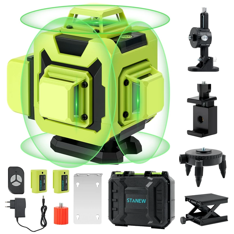STANEW 4 x 360° Laser Level,Self-Leveling Green Laser Level 4D 16 Line Horizontal and Vertical with Integrated Remote Control Rechargeable Battery 2 x 2400 MAh