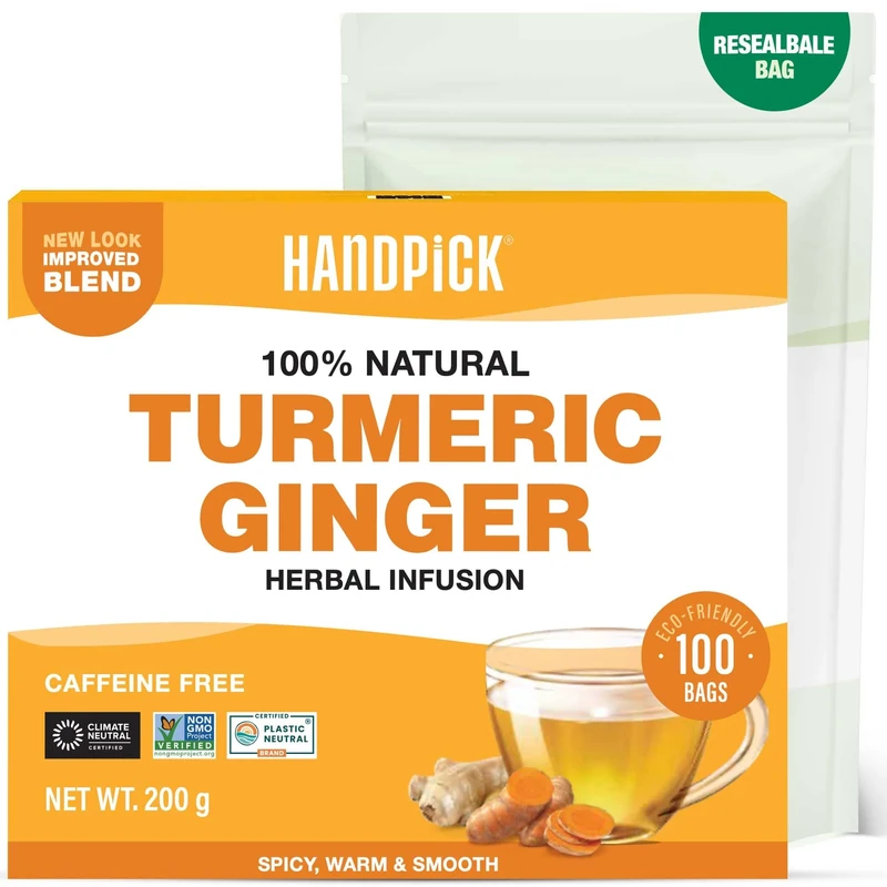 HANDPICK, Turmeric Ginger Tea Bags (100 Herbal Tea Bags) Caffeine Free, Gluten Free | Made from 100% Pure Turmeric & Ginger Root | Curcumin-Rich | Packed in Eco-Friendly Teabag
