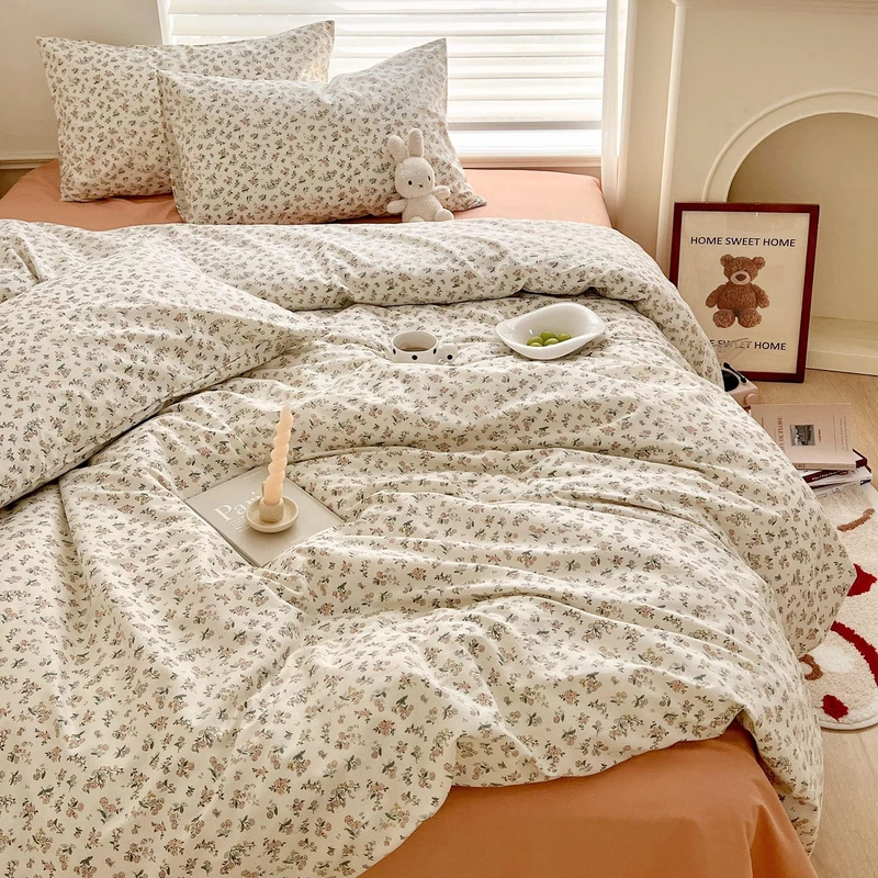 Boho Floral Duvet Cover Queen - Aesthetic Cotton Pink Bedding Set, Vintage Botanical French Style, Cute Flower Cottagecore Comforter Cover