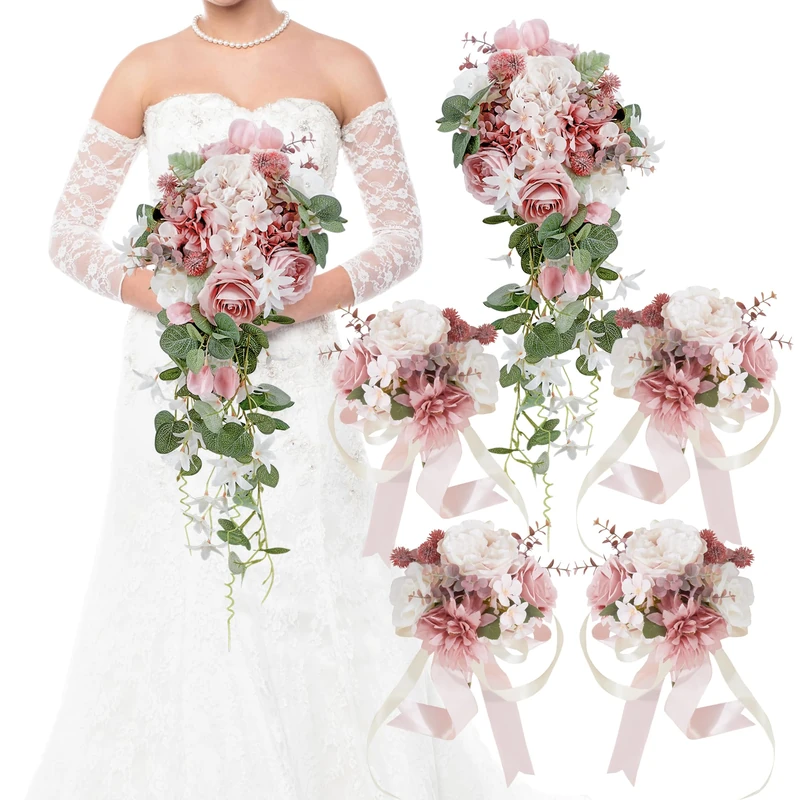 Fsslower Wedding Bouquets for Bride, Set of 5, Bridesmaid Bouquet Artificial Flower Bridal Bouquet for Wedding Ceremony Anniversary (Blush & White)