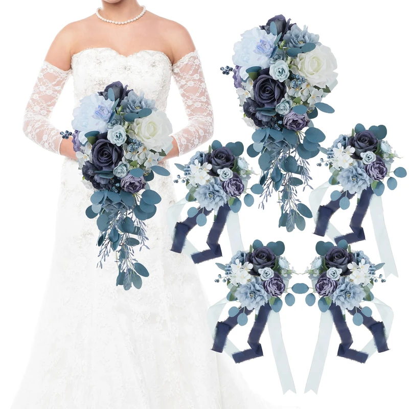Fsslower Wedding Bouquets for Bride, Set of 5, Bridesmaid Bouquet Artificial Flower Bridal Bouquet for Wedding Ceremony Anniversary (Dusty Blue)