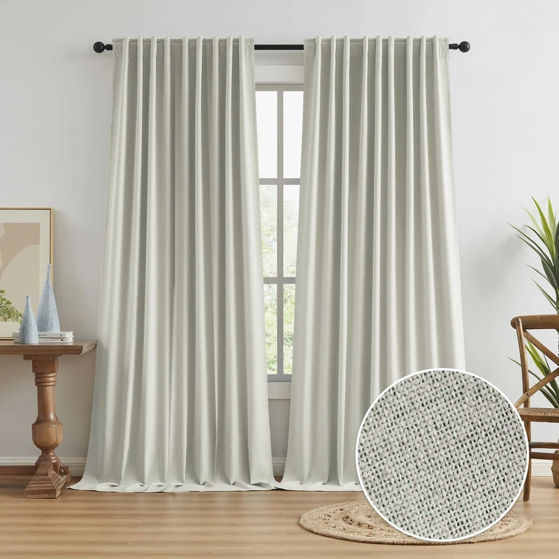 KEQIAOSUOCAI Linen Blackout Farmhouse Curtain Panels for Living Room Track System, Back Tab Loop Pocket Pleated Floor to Ceiling Drapes for Patio Door, 2 Pieces, 72x96, Greyish Beige - Image 1
