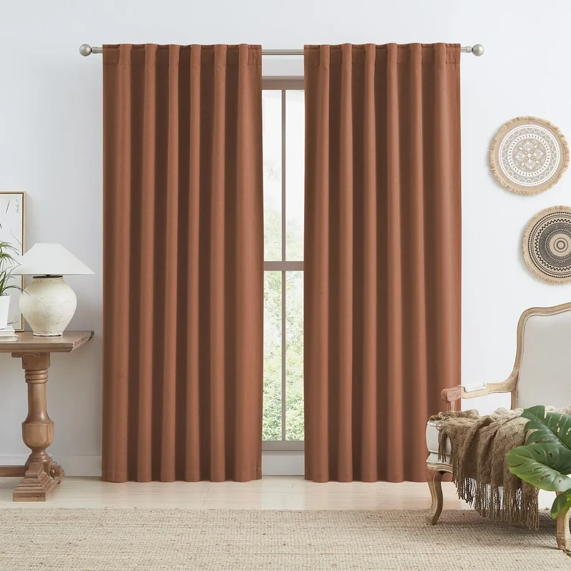 KEQIAOSUOCAI Rust Terracotta Blackout Curtains 96 Inch Length 2 Panels Boho Fall Bohemian Back Tab Hook Belt Pleated Brick Red Copper Color Linen Textured Curtains for Living Room Bedroom 50x96